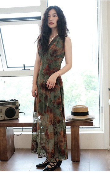 復古新中式國風提花V領無袖收腰顯瘦連衣裙長裙洋裝