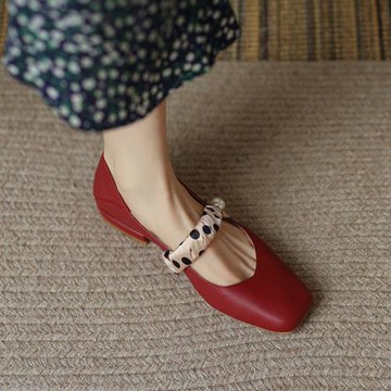 小眾設計法式復古方頭瑪麗珍鞋女平底淺口單鞋真皮酒紅色女鞋春季