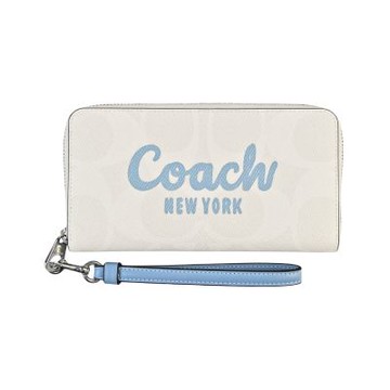 COACH 蘭風鈴色美式校園風LOGO燙印白堊色C LOGO PVC手掛拉鍊長夾