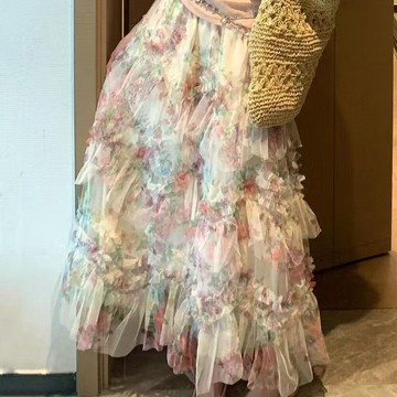 長裙 A字裙 大擺裙 半身裙S-XL 新款溫柔碎花網紗仙女半身裙高腰顯瘦大擺長裙蓬蓬a字蛋糕裙-16745.胖胖美依