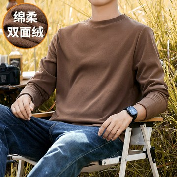 遠紅外發熱雙面保暖一體絨圓領打底秋衣男士2025秋冬純色長袖T桖