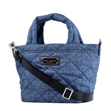 MARC JACOBS 鐵牌LOGO牛仔刷色菱格縫線拉鍊手提/斜背二用包-單寧藍/小
