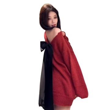 紅色圣誕蝴蝶結露背v領毛衣女秋冬2025新款慵懶風高級感針織上衣