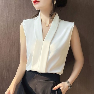 V領無袖襯衫女 上衣 襯衫 春夏西裝內搭打底衫女 砍袖上衣 純色雪紡外穿小背心 女裝上衣 簡約韓版衣服
