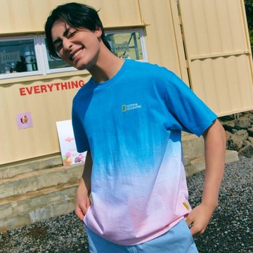 男女同款 CARIBBEAN 粉紅湖紮染短袖T - 藍灰色