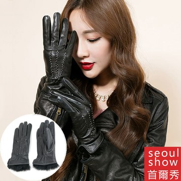 seoul show首爾秀 小羊皮兔毛拼接縫線造型加絨手套