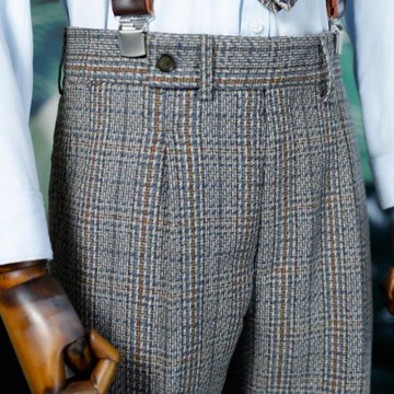 復古英倫風灰色格紋西裝褲男士羊毛呢高腰小直筒褲子商務休閑長褲