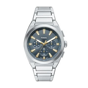 FOSSIL EVERETT系列 率性潮流三眼計時腕錶-銀X灰藍-FS6154