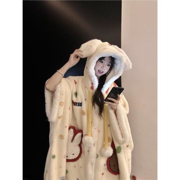 可愛少女風連帽睡袍女款秋冬季珊瑚絨加絨加厚保暖斗篷睡衣家居服