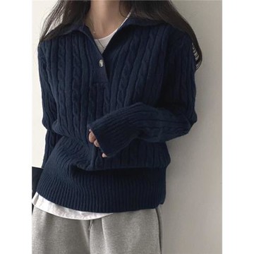 大碼女裝秋冬慵懶風復古麻花polo領百搭毛衣針織衫套頭純色上衣潮
