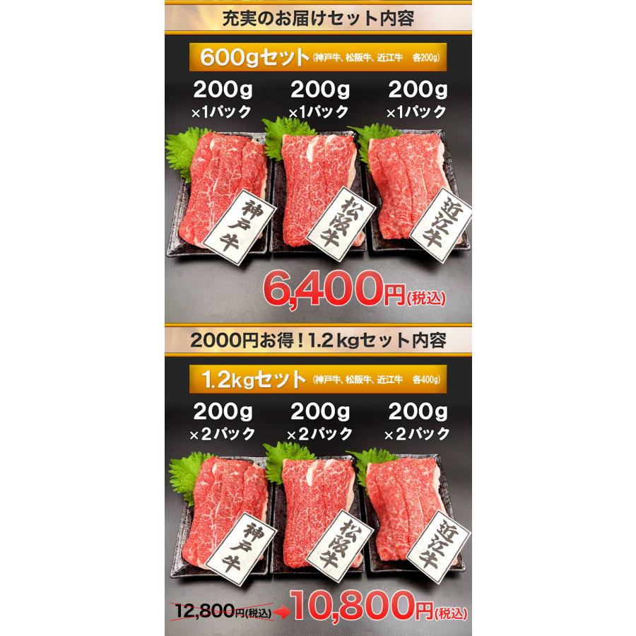 1.2kg 日本三大和牛食べ比べ 牛肉 和牛 神戸牛 松阪牛 近江牛 すき焼き しゃぶしゃぶ スライスカット バラ 国産 しゃぶしゃぶ 切り落とし 送料無料