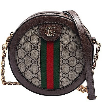 GUCCI 古馳 經典Ophidia系列帆布印花綠紅綠織帶皮革飾邊圓形拉鍊斜背包(迷你)