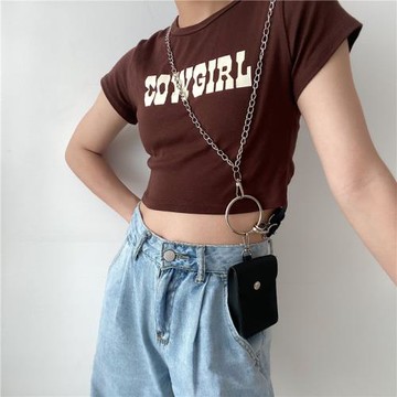 歐美斜跨煙盒小包背帶式鏈條腰帶女嘻哈裝飾配連衣裙子襯衫外套夏