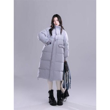 冰島霧藍 2025冬日原創新款溫柔質感水貂絨牛角扣拼接長款羽絨服