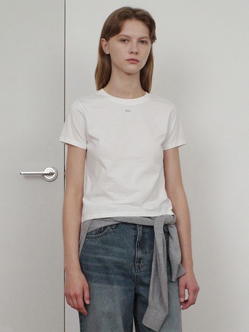 Basic Cotton Fitted Crop T-shirt [Beige]