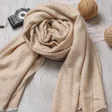 【厚款】喀什米爾羊毛圍巾/披肩  小山形紋香檳色 手工機織