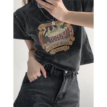 2025新款別致獨特美式復古個性水洗做舊短袖t恤女夏辣妹短款上衣