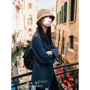 西裝外套女2024春秋季新款女裝通勤港風復古休閑中長款深藍色清倉