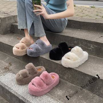 網紅厚底毛毛拖鞋女 秋冬新款仙女風毛茸茸懶人棉拖 居家拖鞋 可外穿 毛絨棉拖 毛毛鞋 厚底棉拖 增高棉拖鞋