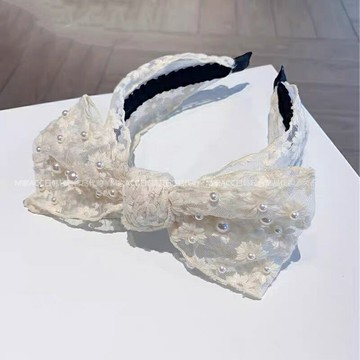 韓國網紅款白色蕾絲蝴蝶結發箍珍珠頭箍時尚發卡女超仙氣質發帶潮