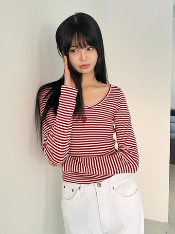 Striped U-neck Long Sleeve T-shirt [3 colors]