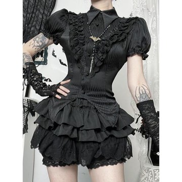 Wannathis亞文化黑色襯衫辣妹穿搭亞比y2k短裙哥特上衣半身裙套裝