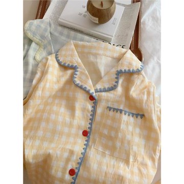 日系簡約格子情侶睡衣女春秋款長袖男士學生套裝大碼家居服可外穿