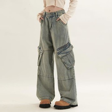 復古藍水洗多口袋工裝褲女美式高街寬松闊腿百搭情侶裝直筒牛仔褲