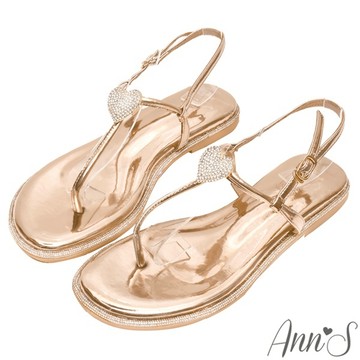 Ann’S鑽石圍邊寬版-立體愛心平底夾腳涼鞋1cm-金