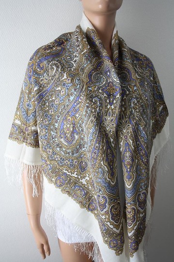 帕夫洛沃波薩德俄羅斯披肩 100% 羊毛圍巾 125x125 公分 絲綢流蘇 1008-1