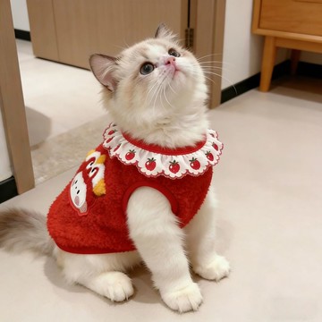 寵物衣服 寵物過年衣服 寵物新年衣服 寵物馬年衣服 寵物春節衣服 新年裝春節喜慶貓咪衣服紅色花邊背心布偶貓金漸層小貓咪加
