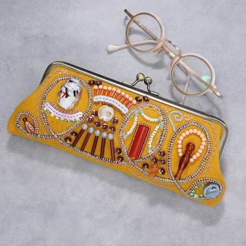 珠飾刺繡口金眼鏡/筆袋 No.7 芥末黃 × 珠飾刺繡 獨一無二 款式 母親節/敬老節禮品