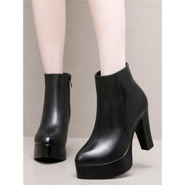 真皮尖頭短靴女防水臺高跟鞋氣質瘦瘦靴春秋單靴秋冬軟皮法式踝靴