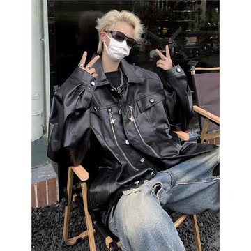 美式高街痞帥小眾機車拉鏈PU皮夾克男春秋季復古潮牌翻領皮衣外套