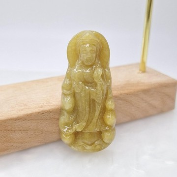 濃郁天然加溫黃翡站姿觀音吊墜 |天然緬甸玉A貨翡翠