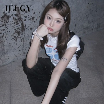 IELGY 番茄印花白色正肩短袖t恤緊身上衣