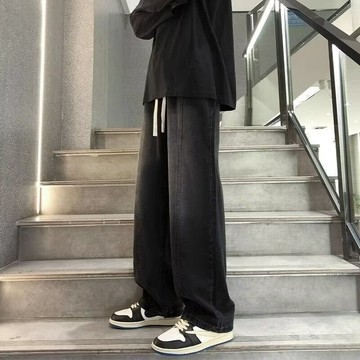 Ms 牛仔褲 男褲 牛仔  複古水洗牛仔褲男 直筒 闊腿牛仔褲 男生牛仔褲 鬆緊腰 顯瘦 黑色牛仔長褲 寬版牛仔褲 美式