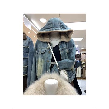 韓國連帽加絨牛仔短外套女秋冬新款設計感寬松顯瘦加厚保暖棉服潮