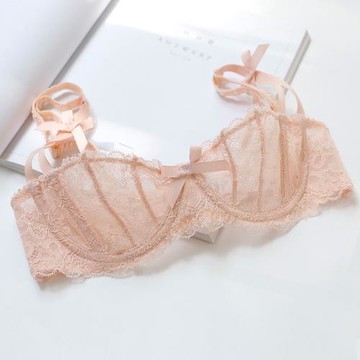 法式性感蕾絲超薄有鋼圈透明半杯內衣套裝上托大胸顯小少女文胸罩