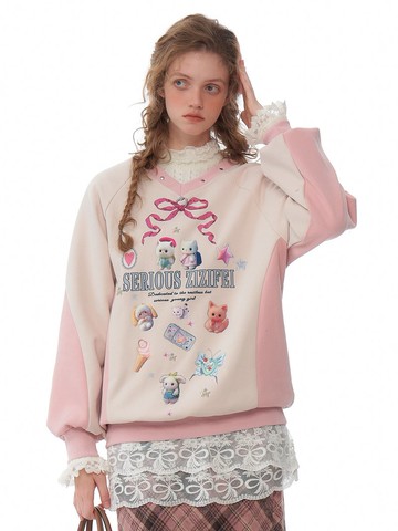 ziziFei秋冬季美式可愛印花粉色運動風寬松衛衣