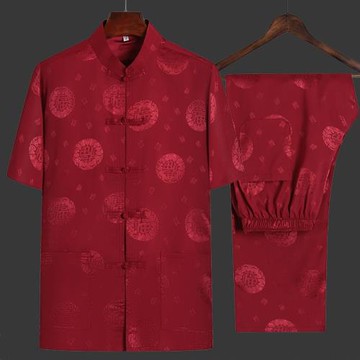 冰絲唐裝男短袖套裝夏季中老年襯衫提花綢緞大碼生日祝壽老人衣服