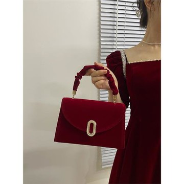 結婚包女新娘包包2024新款山茶花高級感婚禮紅色手提包國風珍珠包