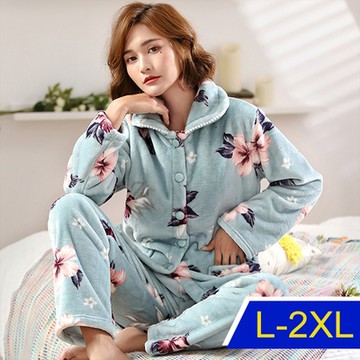 [韓國K.W.]親膚保暖絨花朵印花休閒居家套裝(内加絨/保暖/休閒/睡衣)