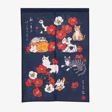 吉豆貓祈福九貓門簾椿花 (鉄紺藍/插畫門簾/擋煞/厚磅材質)