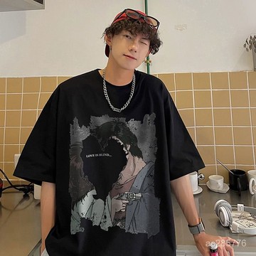【潮流男裝】卡通短袖T恤男夏季美式復古潮牌五分袖寬鬆嘻哈高街男生半袖T恤