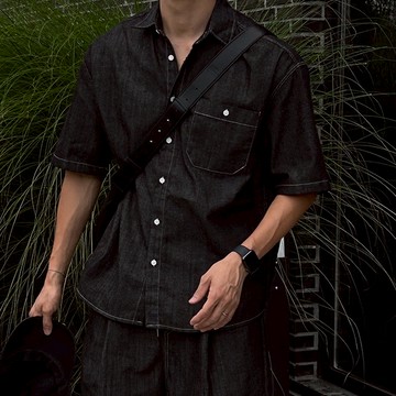 正韓夏日棉牛仔時髦休閒套裝 短袖襯衫 休閒短褲 2色 YUPPIE 預購商品 0909