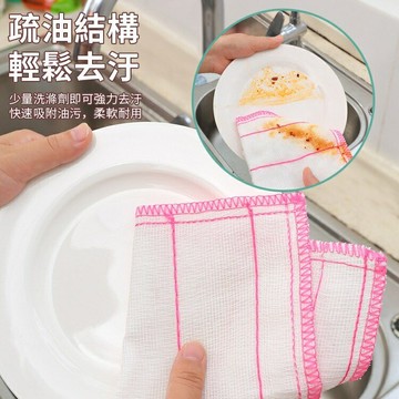現貨~5層棉紗不沾油洗碗抹布  10條/包  尺寸：約25*25cm   它的不沾油技能真的絕了！特殊工藝編織的 5 層棉紗， 就像給油污設了 “結界”。每次吃完飯擦盤子， 那些黏膩的油漬一碰上它，就乖乖被吸附在表面， 清水一沖，立馬乾乾淨淨，一點殘留都沒有！