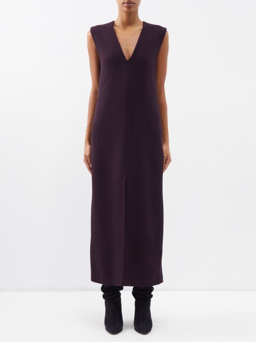 Raey - Deep V Boxy Organic Wool Crepe Shift Dress - Womens - Burgundy