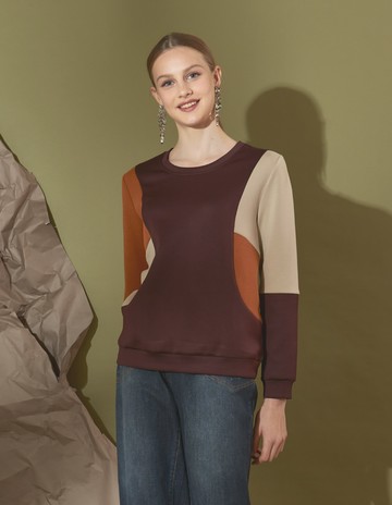 ★【喜芝梅】咖啡幾何 獨特撞色拼接圓領休閒上衣(咖啡色；M-2L) 224470925