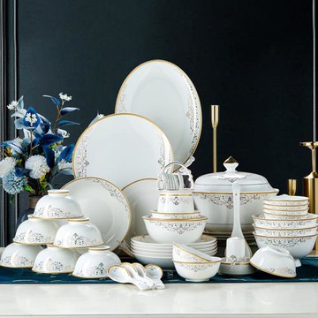 碗碟套裝 家用景德鎮陶瓷器餐具56頭金邊碗筷 骨瓷吃飯碗盤子組合